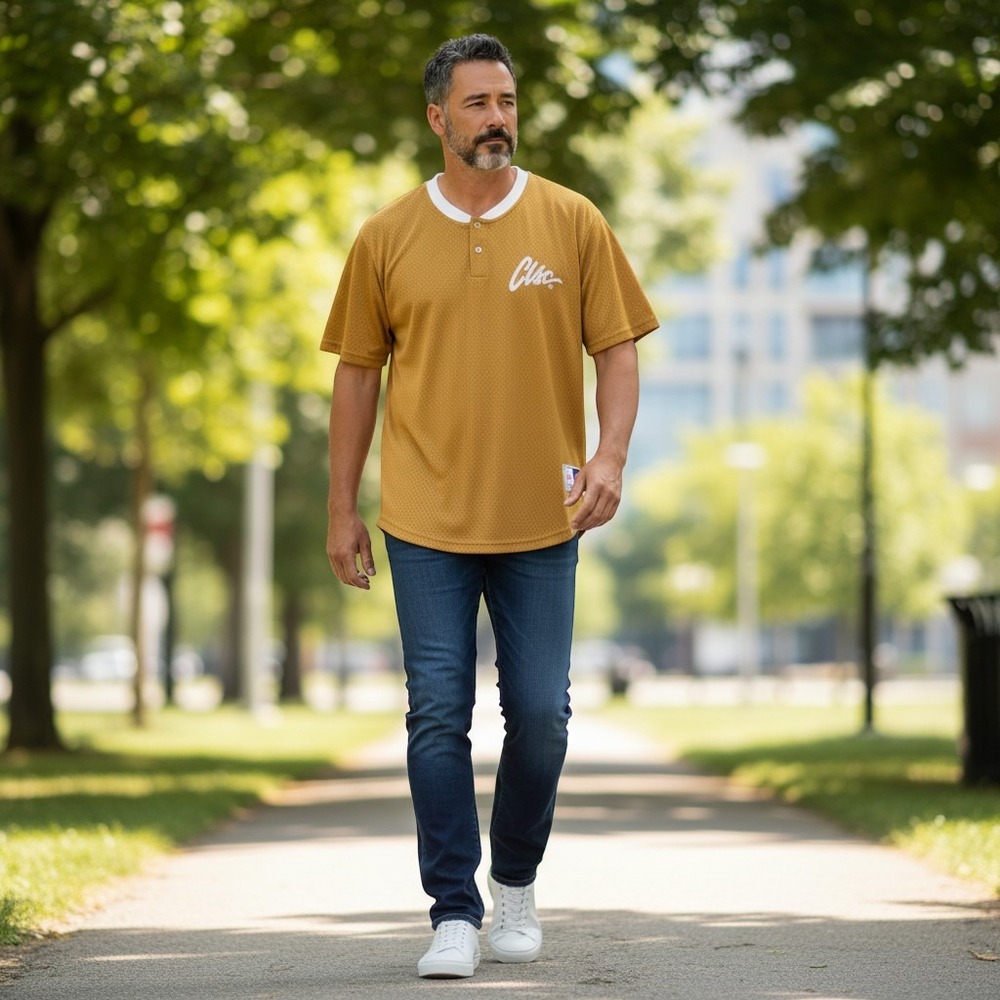CLSC Los Angeles Mens Mesh Jersey Henley Shirt Mustard Gold Embroidered Logo M